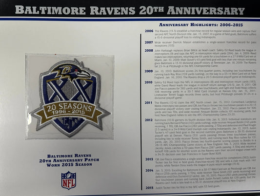 2015 Baltimore Ravens 20th Anniversary Willabee & Ward Patch With Stat Card