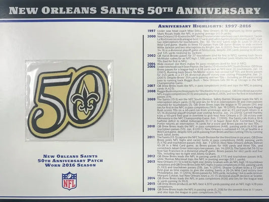 2016 New Orleans Saints 50th Anniversary Willabee & Ward Patch With Stat Card