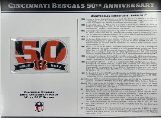 2017 Cincinnati Bengals 50th Anniversary Willabee & Ward TPU Patch With Stat Card