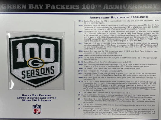 2018 Green Bay Packers 100th Anniversary Willabee & Ward Patch With Stat Card