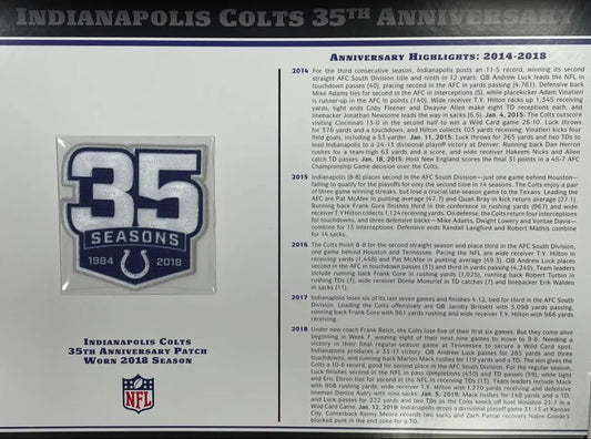 2018 Indianapolis Colts 35th Anniversary Willabee & Ward Patch With Stat Card
