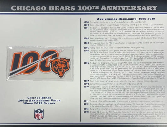 2019 Chicago Bears 100th Anniversary Willabee & Ward Patch