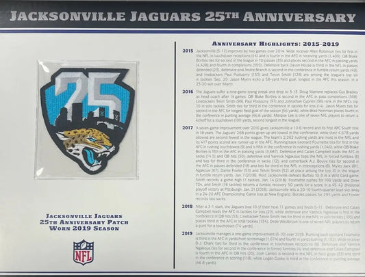 2019 Jacksonville Jaguars 25th Anniversary Willabee & Ward Patch With Stat Card