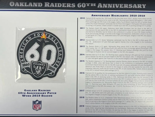 2019 Oakland Raiders 60th Anniversary Willabee & Ward Patch With Stat Card