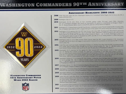 2022 Washington Commanders 90th Anniversary Willabee & Ward Patch With Stat Card