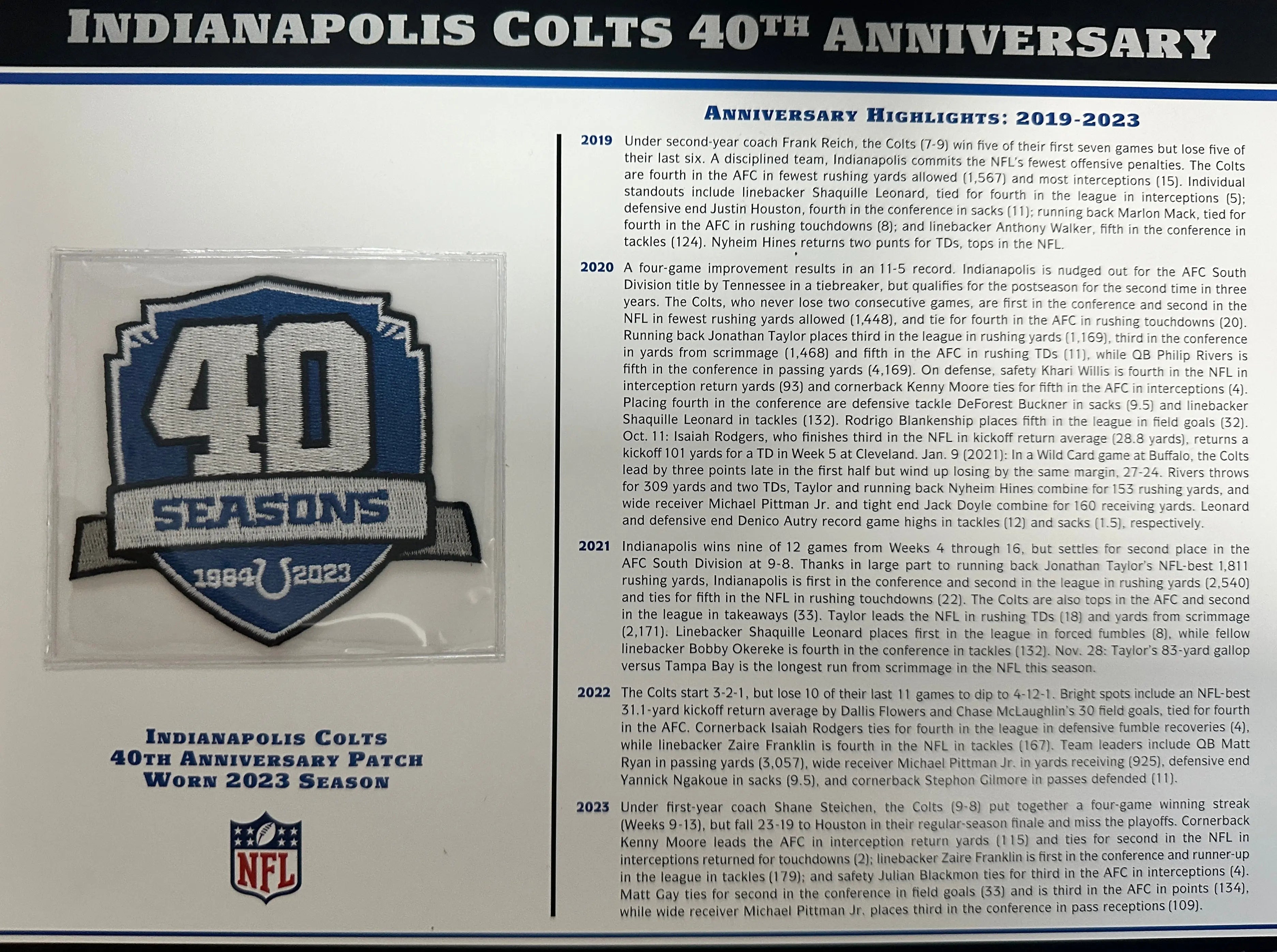 2023 Indianapolis Colts 40th Anniversary Willabee & Ward Patch With Stat Card
