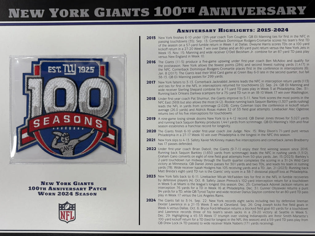 2024 New York Giants 100th Anniversary Willabee & Ward Patch With Stat Card