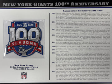 2024 New York Giants 100th Anniversary Willabee & Ward Patch With Stat Card