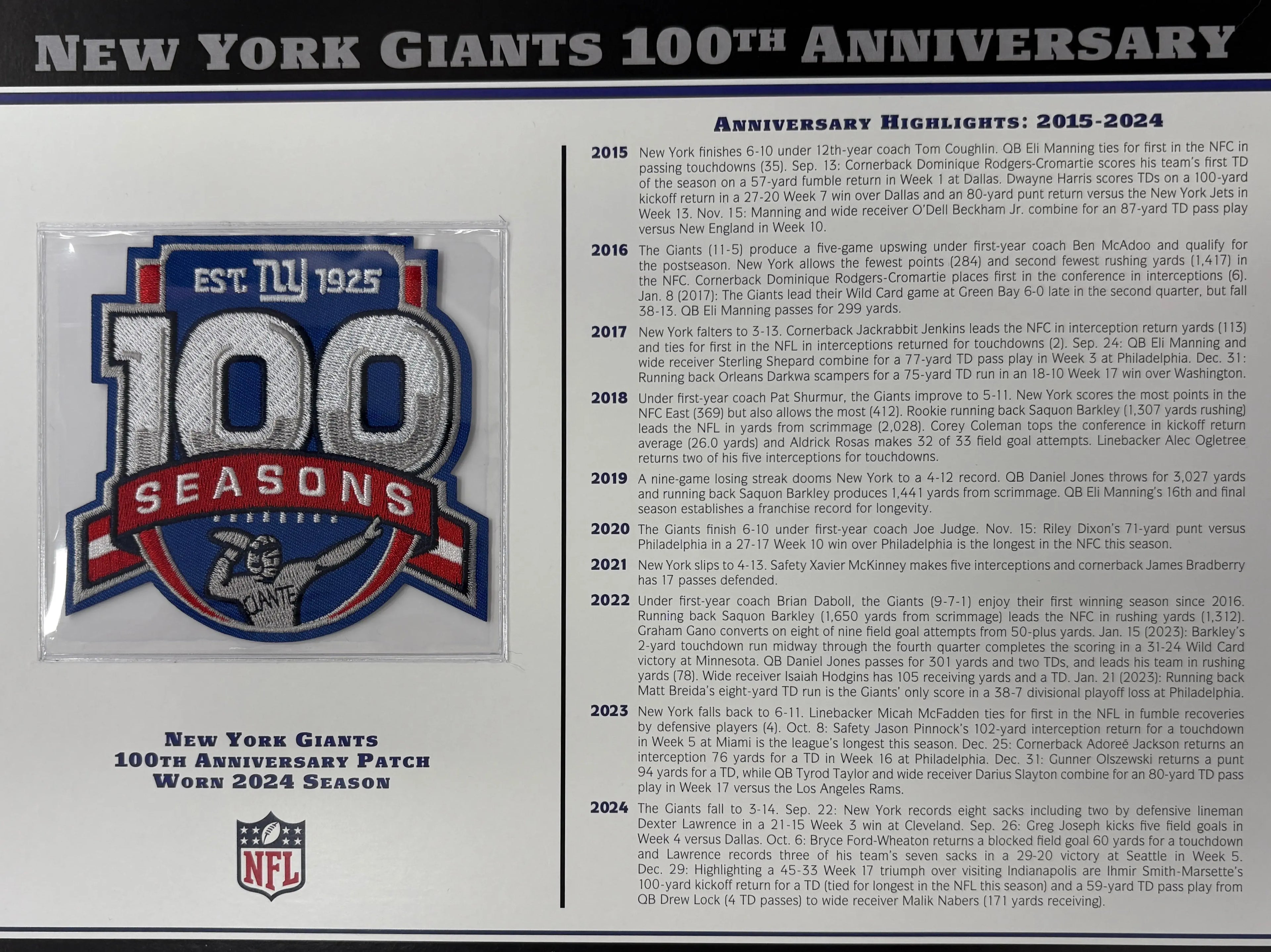 2024 New York Giants 100th Anniversary Willabee & Ward Patch With Stat Card