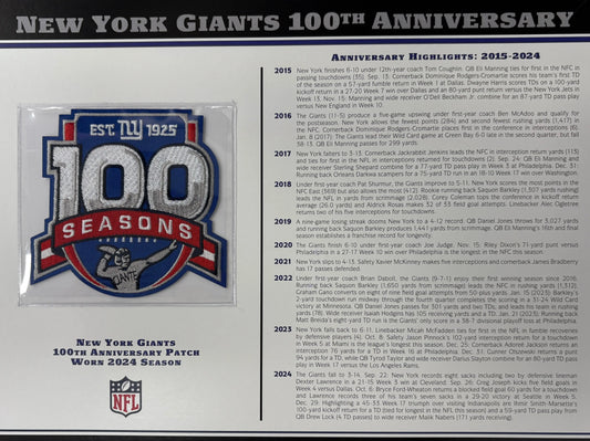2024 New York Giants 100th Anniversary Willabee & Ward Patch With Stat Card