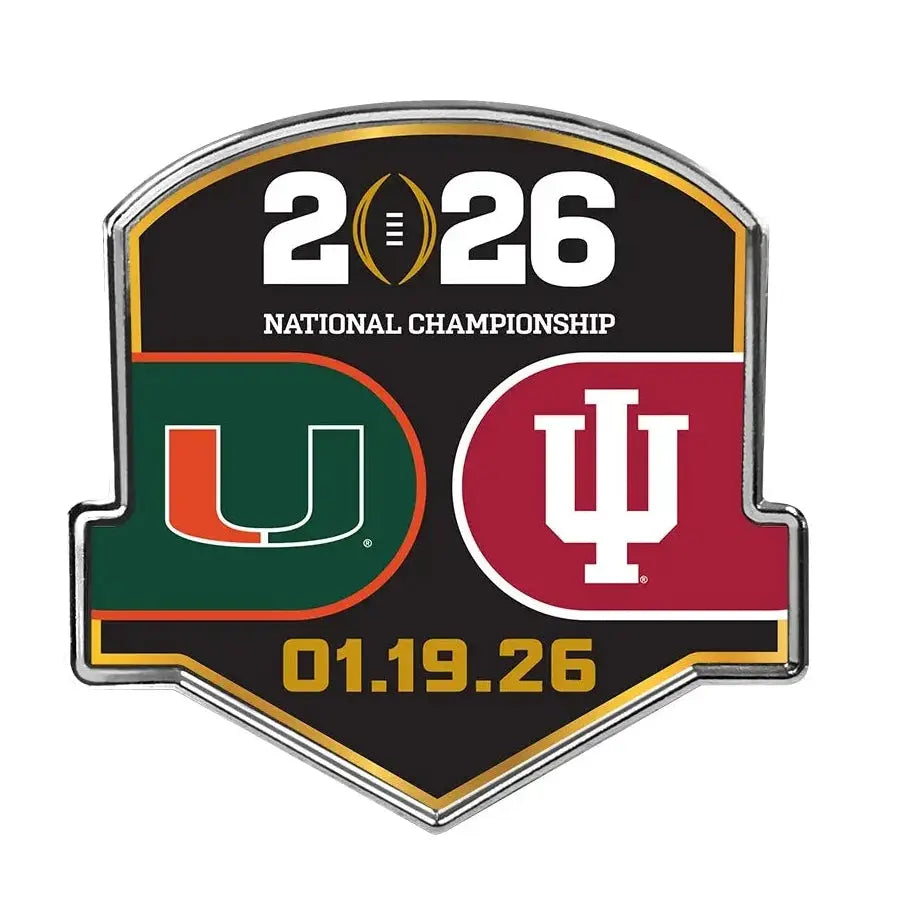 Pin with Miami Hurricanes and Indiana Hoosiers logos for 2026 National Championship game on a white background