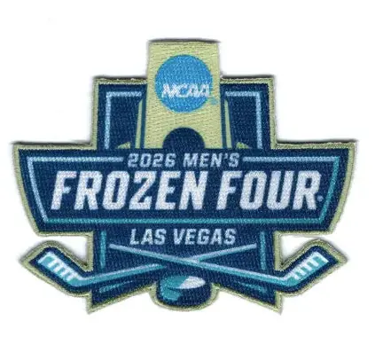 Patch for 2026 Men's Frozen Four event in Las Vegas with hockey elements.