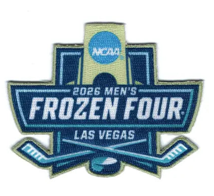 Patch for 2026 Men's Frozen Four event in Las Vegas with hockey elements.