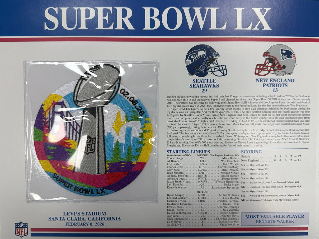 2026 NFL Super Bowl LX 60 Seattle Seahawks New England Patriots Willabee & Ward Stat Card Patch