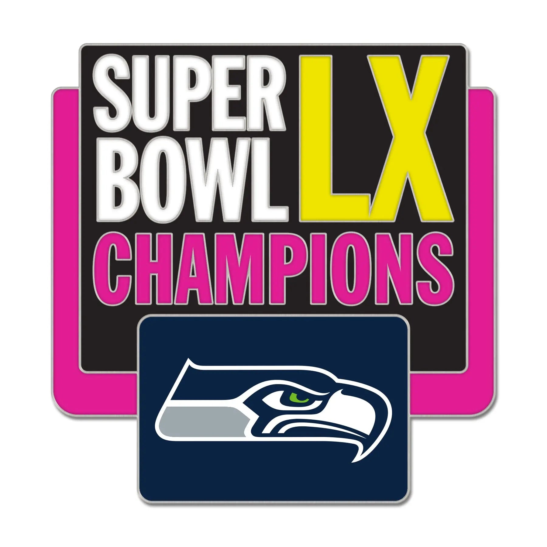 Super Bowl LX Champions logo with a bird emblem on a black background