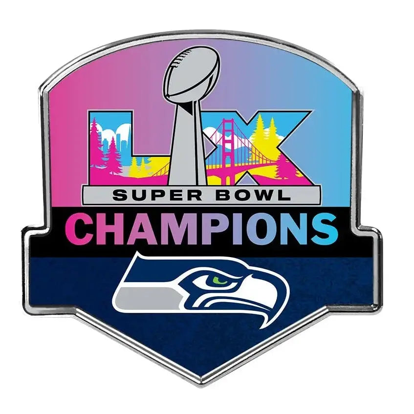 Pin with Super Bowl Champions text and Seattle Seahawks logo on a white background