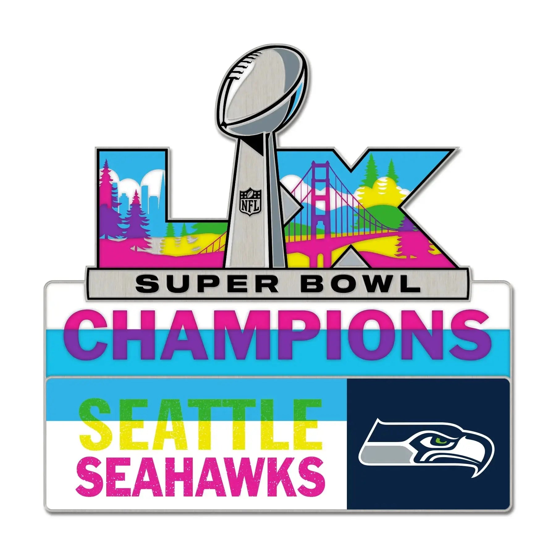 Super Bowl Champions Seattle Seahawks logo with trophy and cityscape background