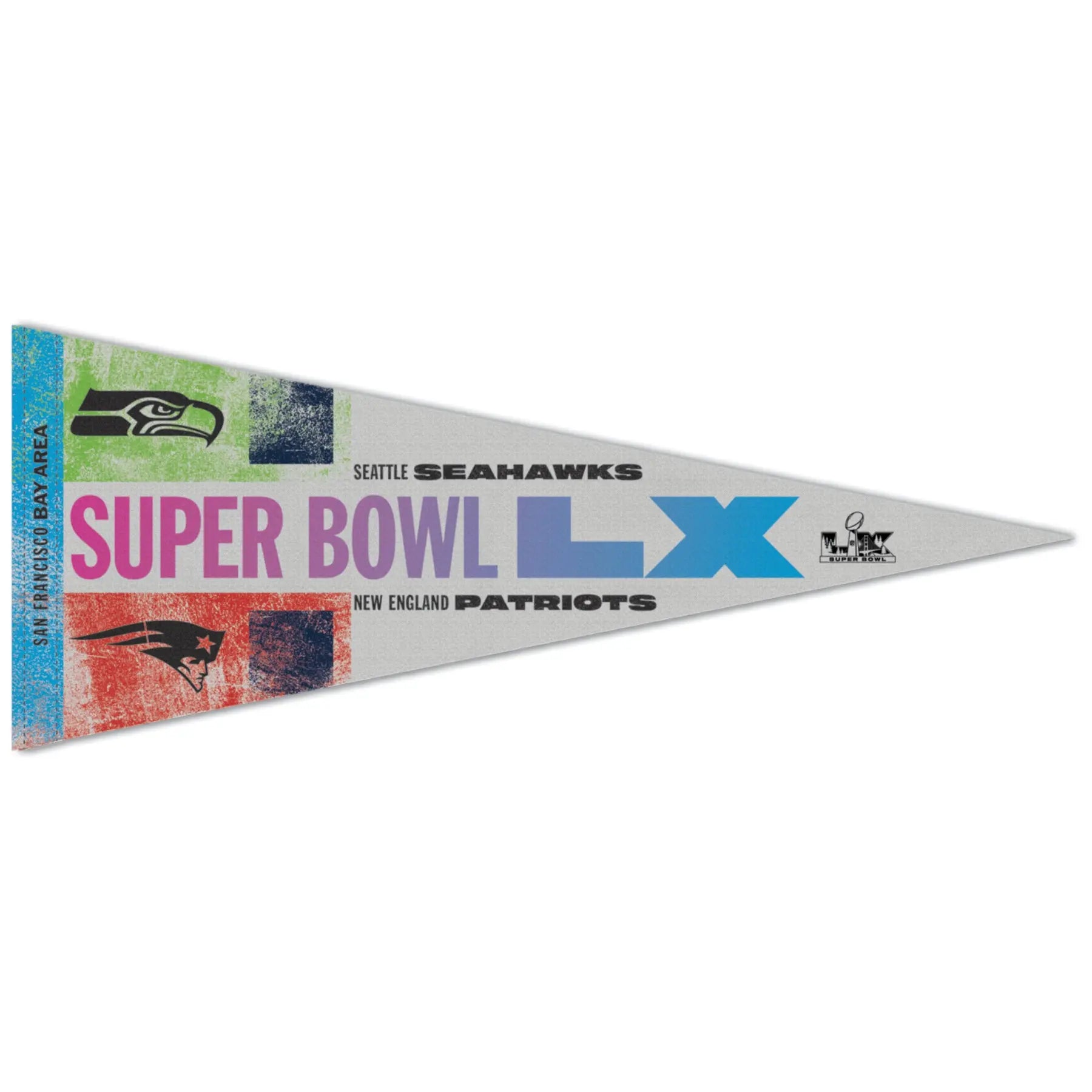 Super Bowl LX pennant with Seattle Seahawks and New England Patriots logos on a white background