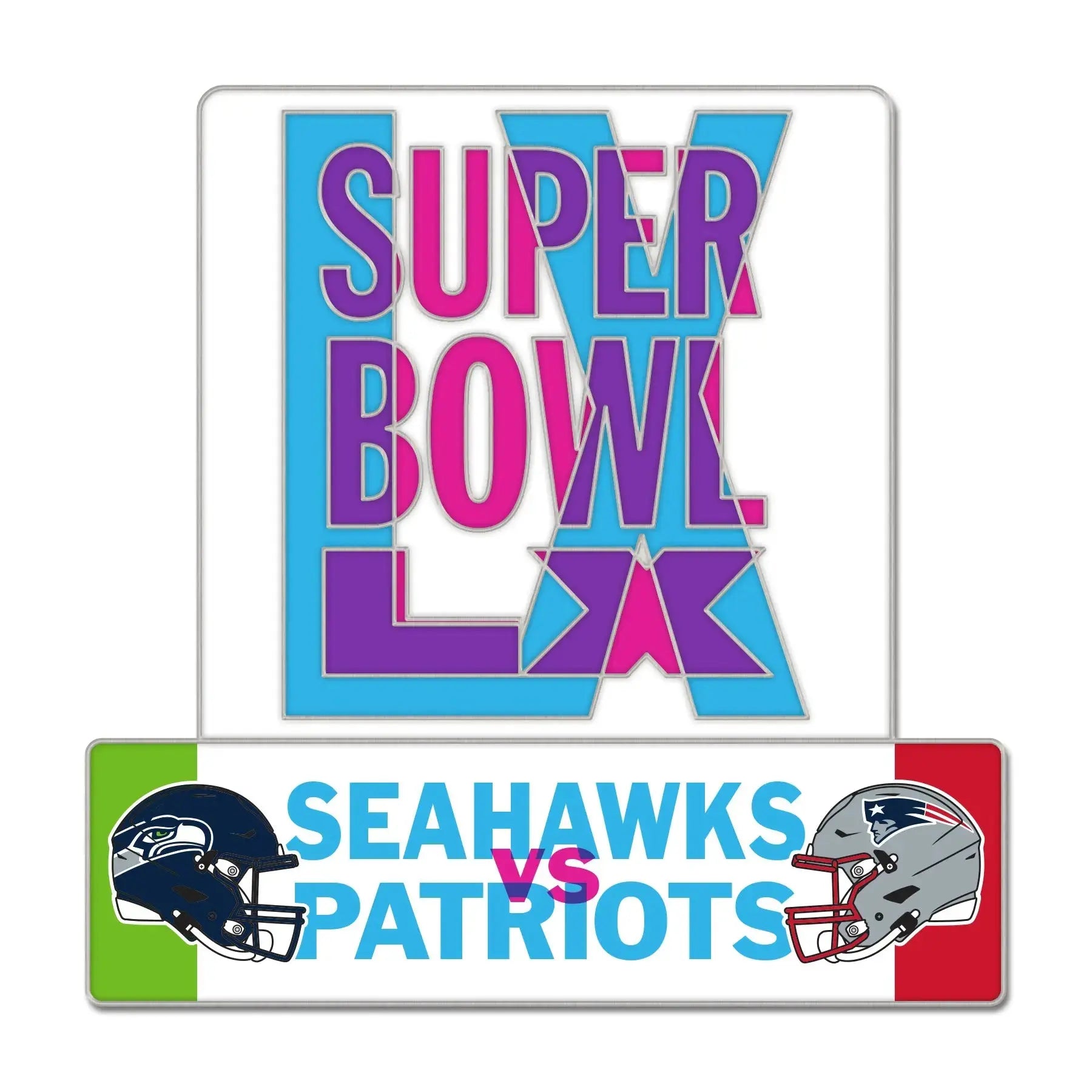 Super Bowl LIV logo with Seahawks and Patriots helmets on a white background