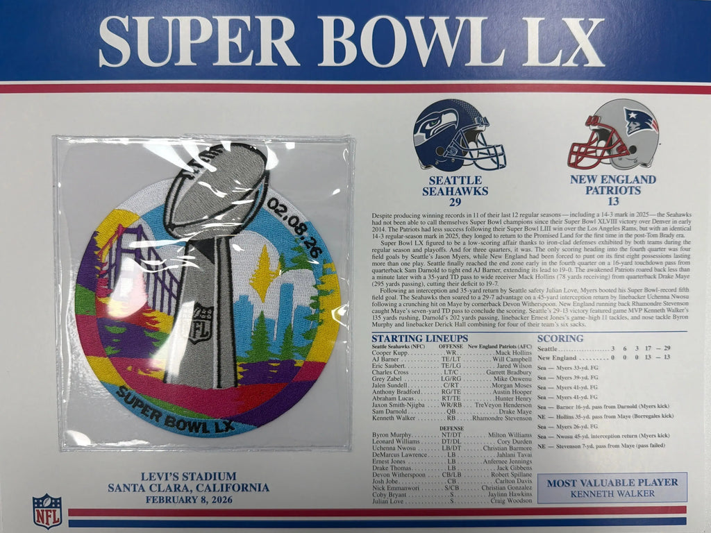2026 NFL Super Bowl LX 60 Seattle Seahawks New England Patriots Willabee & Ward Stat Card Patch