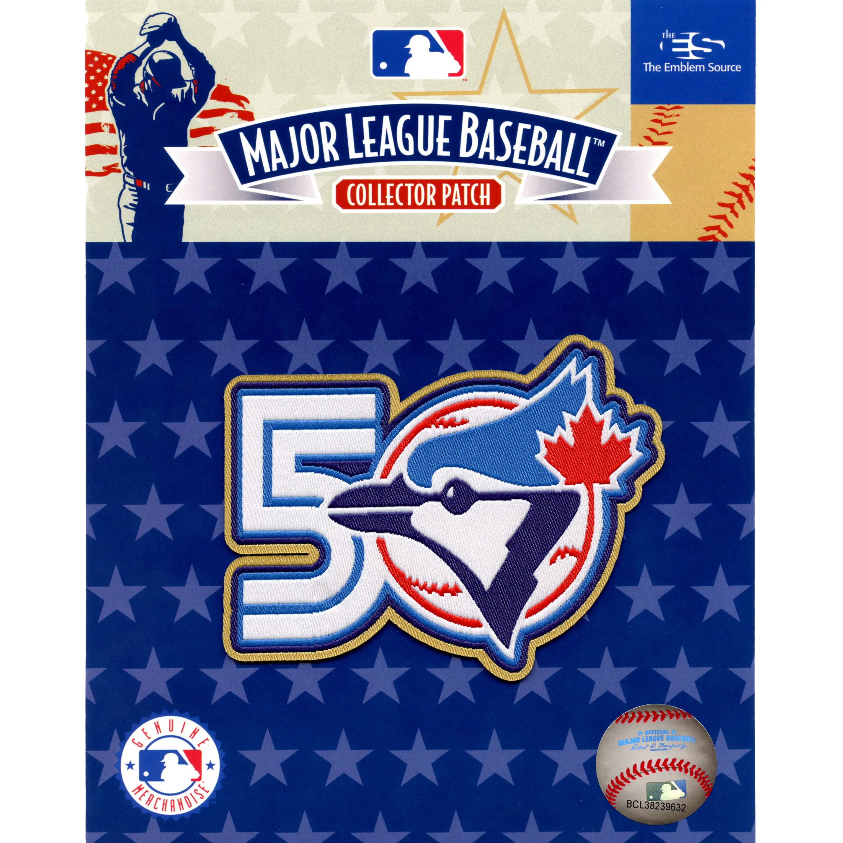 Major League Baseball collector patch with blue jay logo on a star-patterned background