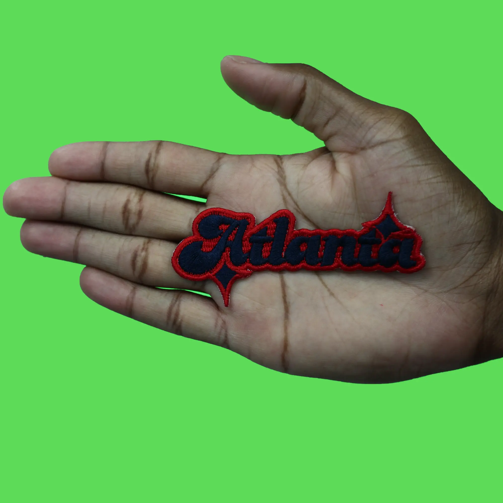 Atlanta Sparkle Script Patch Red/Navy Blue Baseball Sports Embroidered Iron On