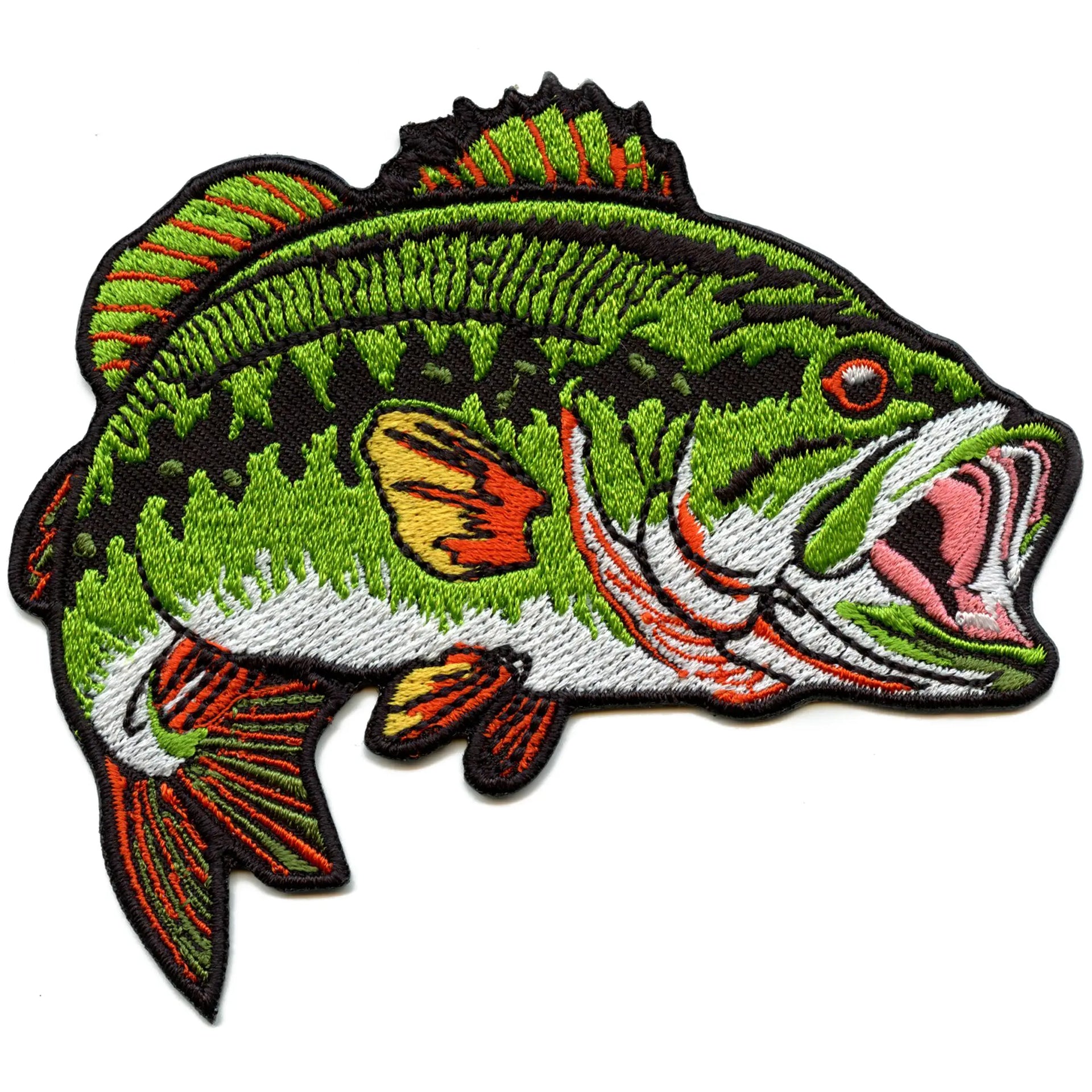 big mouth fish on pole Big Mouth Bass Patch Fishing Bait Hobby Embroidered Iron On