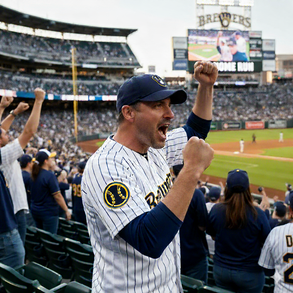 Baseball player celebrating in a stadium with fans and a scoreboard in the background