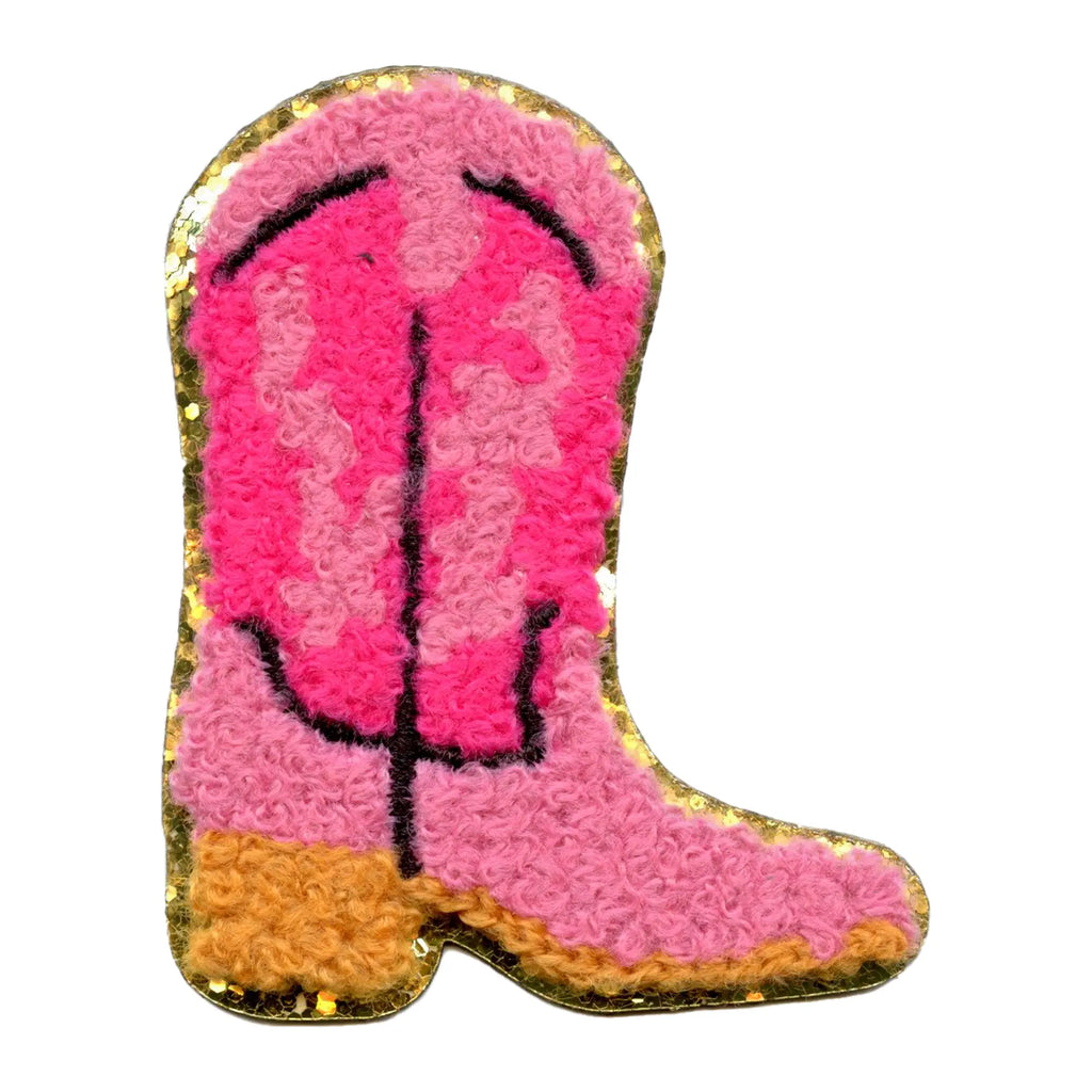 Chenille Cowgirl Boots Patch Pink Cutesy Western Embroidered Iron On