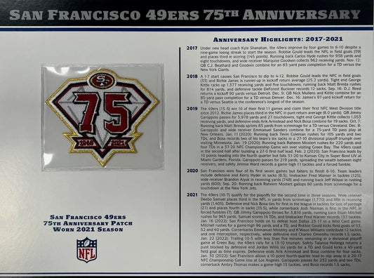 2021 San Francisco 49ers 75th Anniversary Willabee & Ward Patch With Stat Card