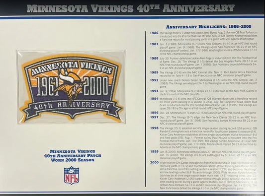 2000 Minnesota Vikings 40th Anniversary Willabee & Ward Patch With Stat Card