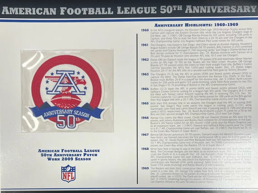 2009 American Football League 50th Anniversary Willabee & Ward Patch With Stat Card