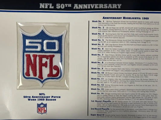 1969 NFL 50th Anniversary Willabee & Ward Patch With Stat Card