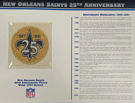 New Orleans Saints 25th Anniversary Willabee & Ward Patch With Stat Card