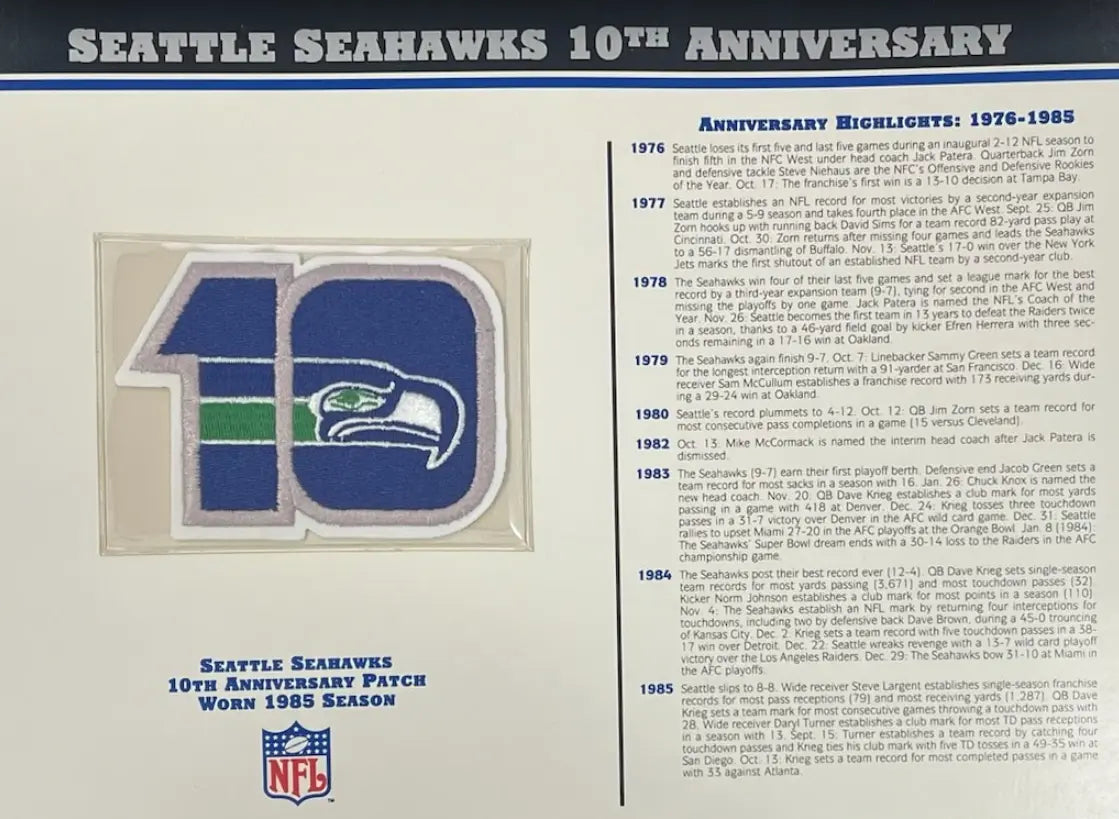 1985 Seattle Seahawks 10th Anniversary Willabee & Ward Patch With Stat Card
