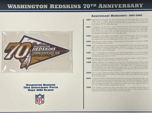 2002 Washington Redskins 70th Anniversary Willabee & Ward Patch With Stat Card