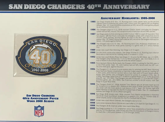 2000 San Diego Chargers 40th Anniversary Willabee & Ward Patch With Stat Card