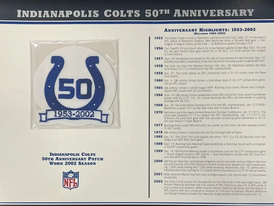 2002 Indianapolis Colts 50th Anniversary Willabee & Ward Patch With Stat Card