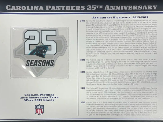 2019 Carolina Panthers 25th Anniversary Willabee & Ward Patch With Stat Card