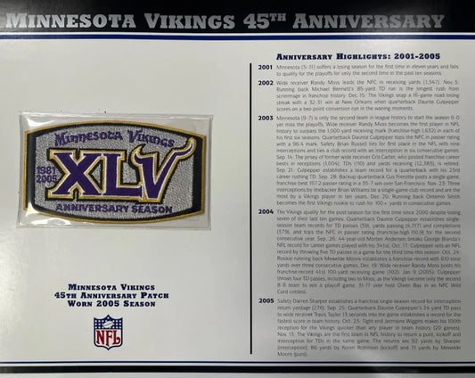 2005 Minnesota Vikings 45th Anniversary Willabee & Ward Patch With Stat Card