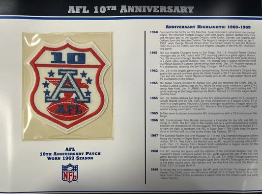 1969 AFL 10th Anniversary Willabee & Ward Patch With Stat Card