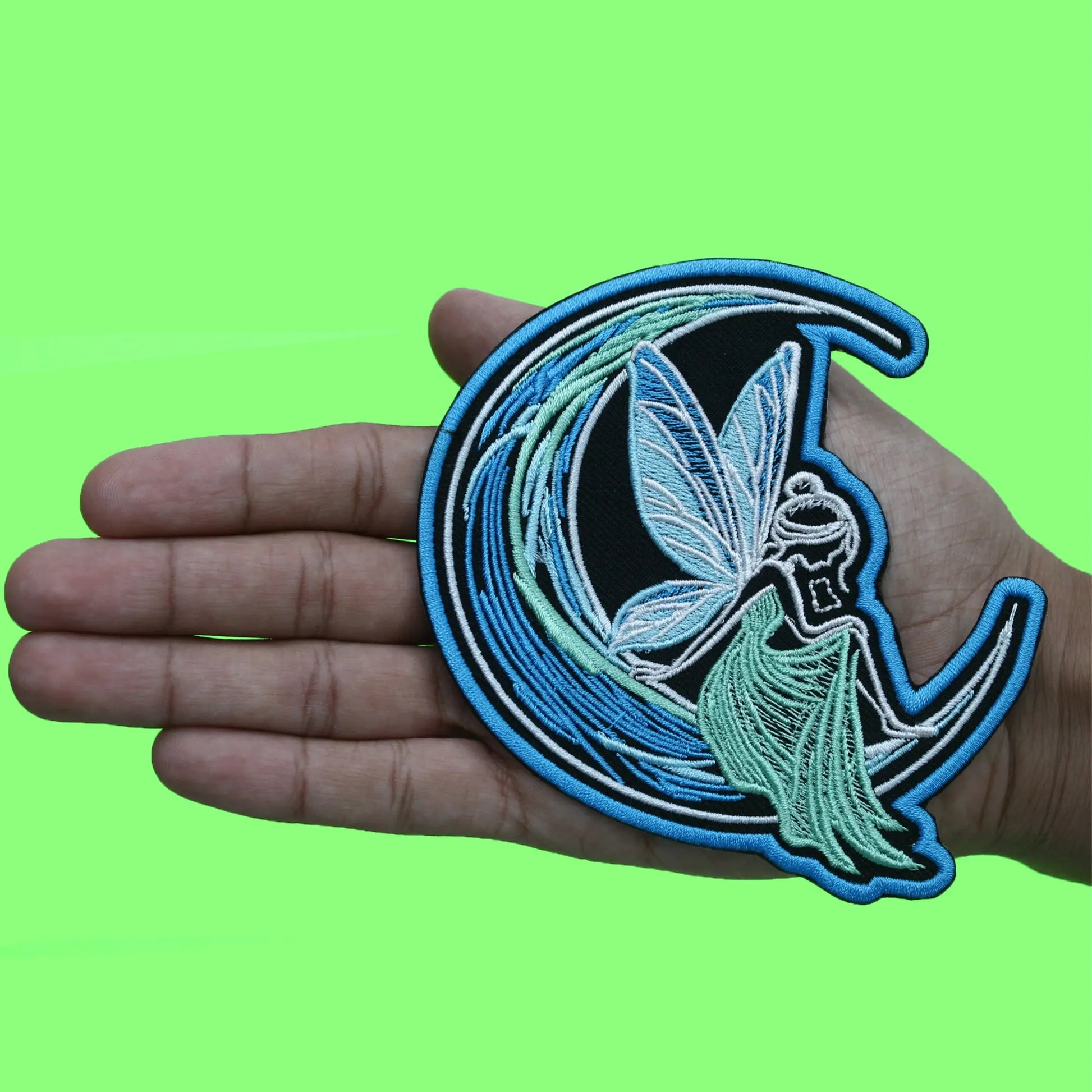 Crescent Neon Fairy Patch Mythical Teal Moon Embroidered Iron On