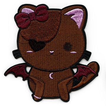 Cute Brown Bat Cat Patch Heart Eye Pink Embroidered Iron On