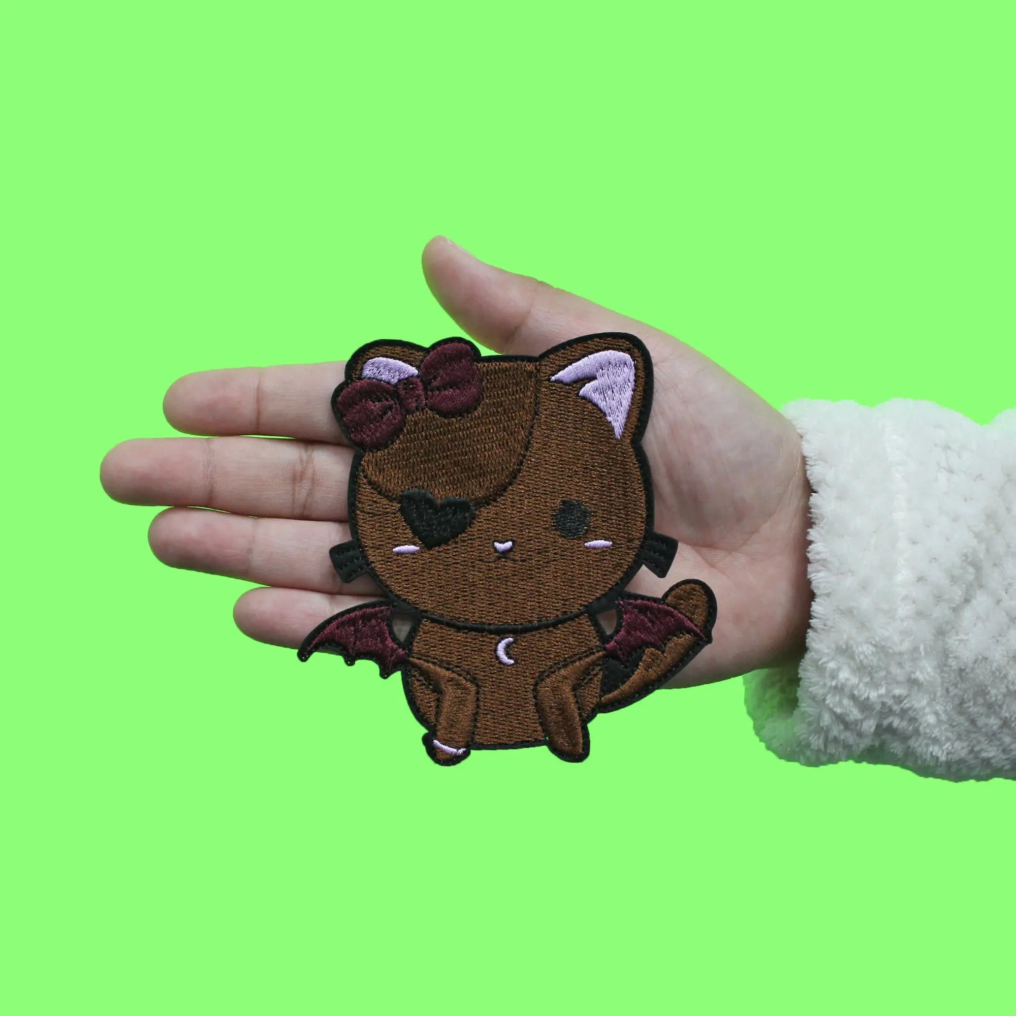 Cute Brown Bat Cat Patch Heart Eye Pink Embroidered Iron On