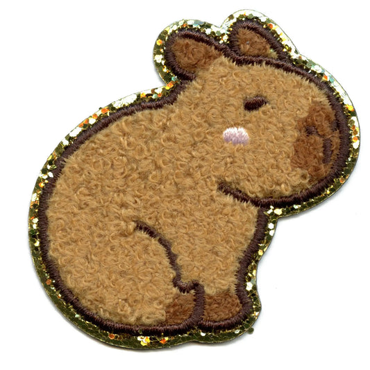 Cute Capybara Sitting Patch Blushing Glitter Mammal Chenille Iron On