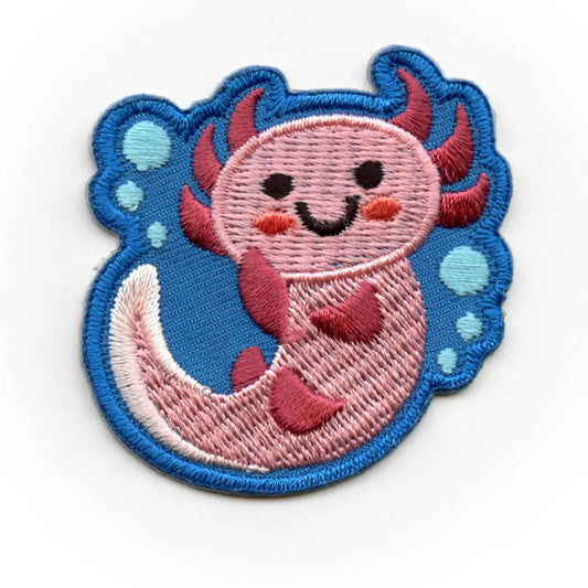 Cute Axolotl Bubbles Patch Fishing Lake Mexico Embroidered Iron On