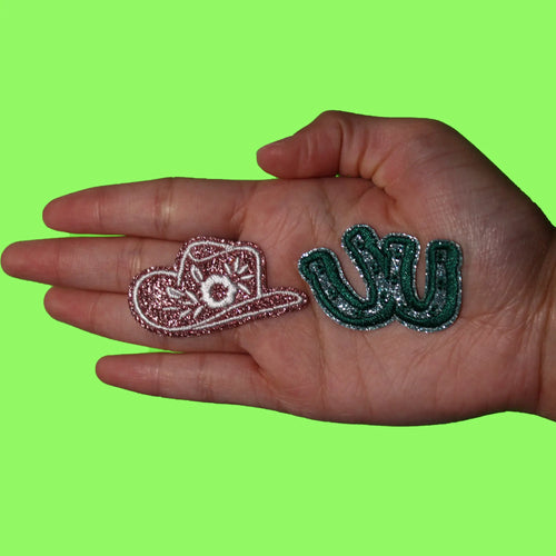 Cutesy Glitter Cowgirl Patch Hat Horseshoe Set Embroidered Iron On