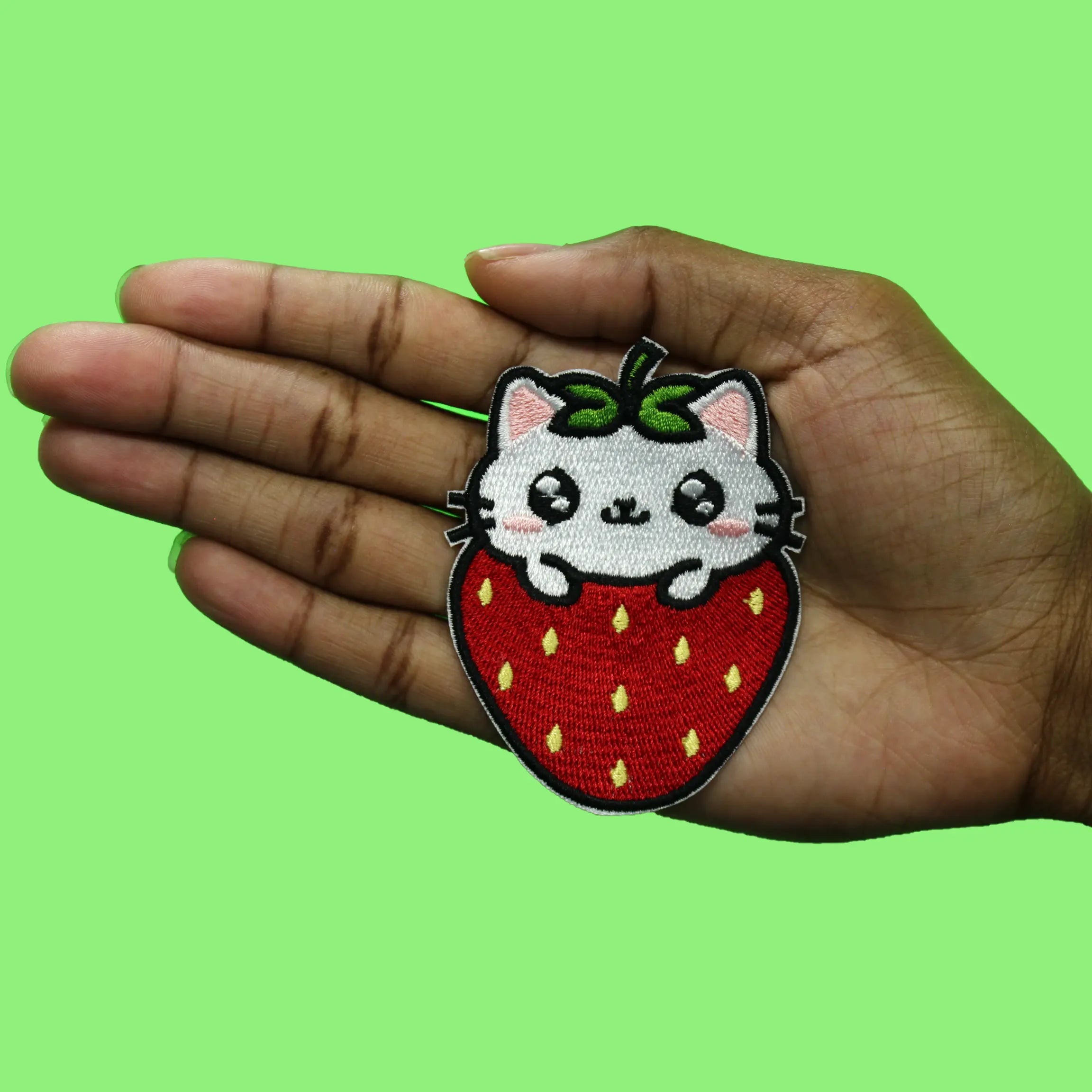 Cutesy Strawberry Kitty Patch Lovely Kawaii Feline Embroidered Iron On