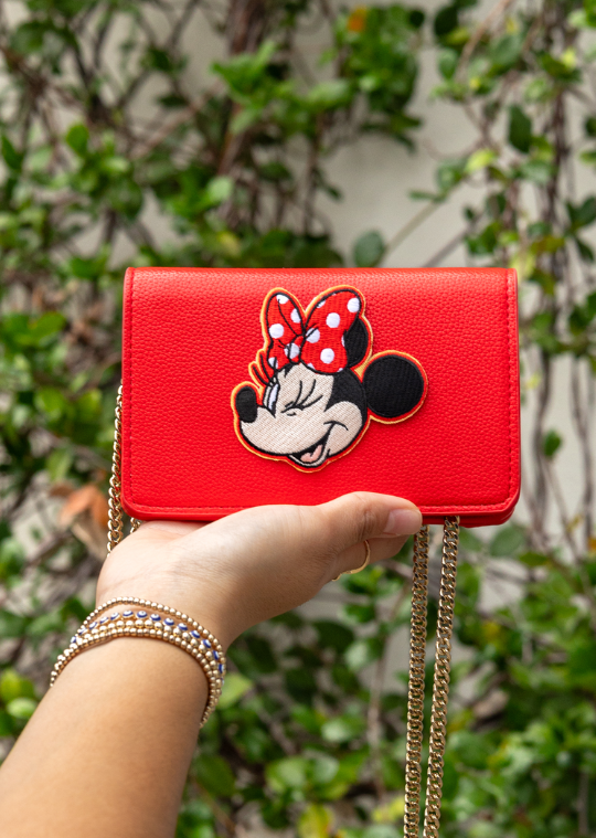  disney minnie mouse patch on a red purse