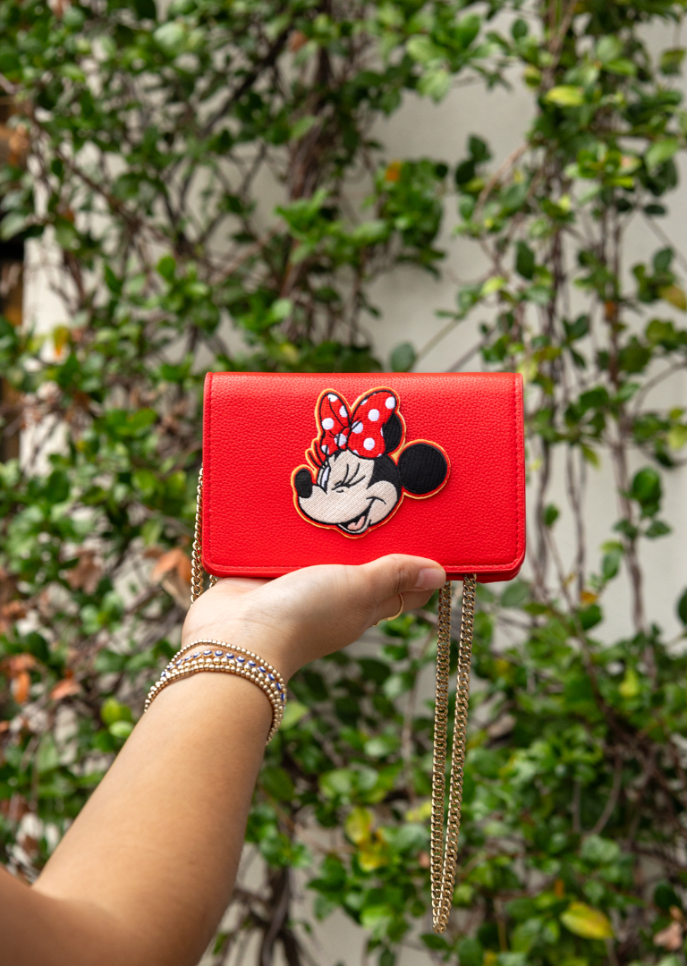  disney minnie mouse patch on a red purse
